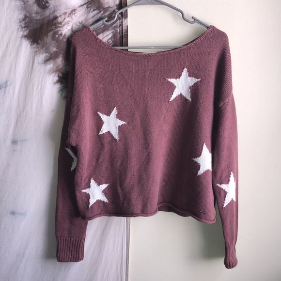 VS PINK Blush Pink Star Cropped Off The Shoulder Sweater - Picture 2 of 5